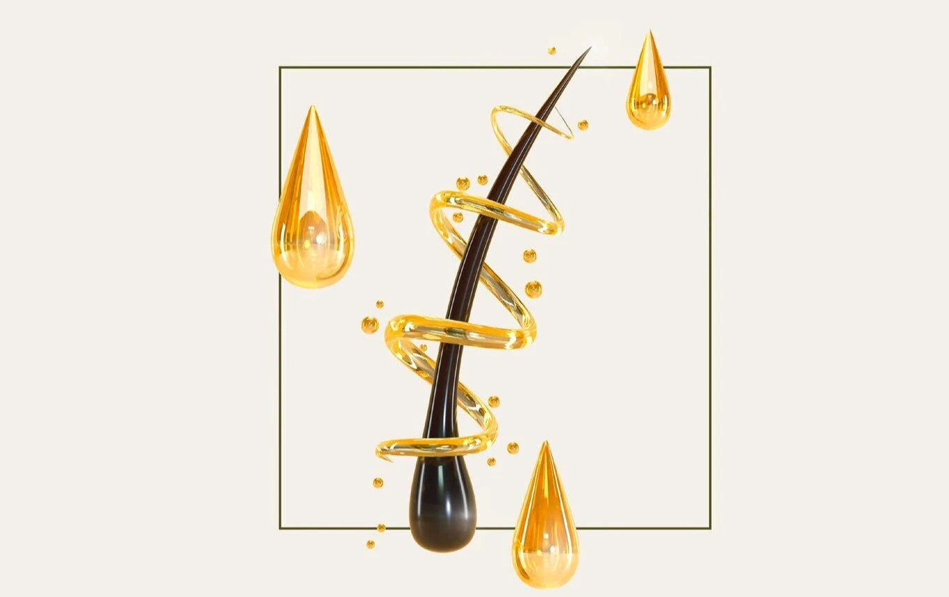 Hair with gold droplets and a spiral design on a light beige background
